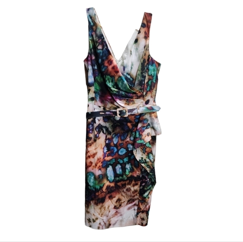 💜 RICKIE FREEMAN TERI JON belted sleeveless dress colorful pattern